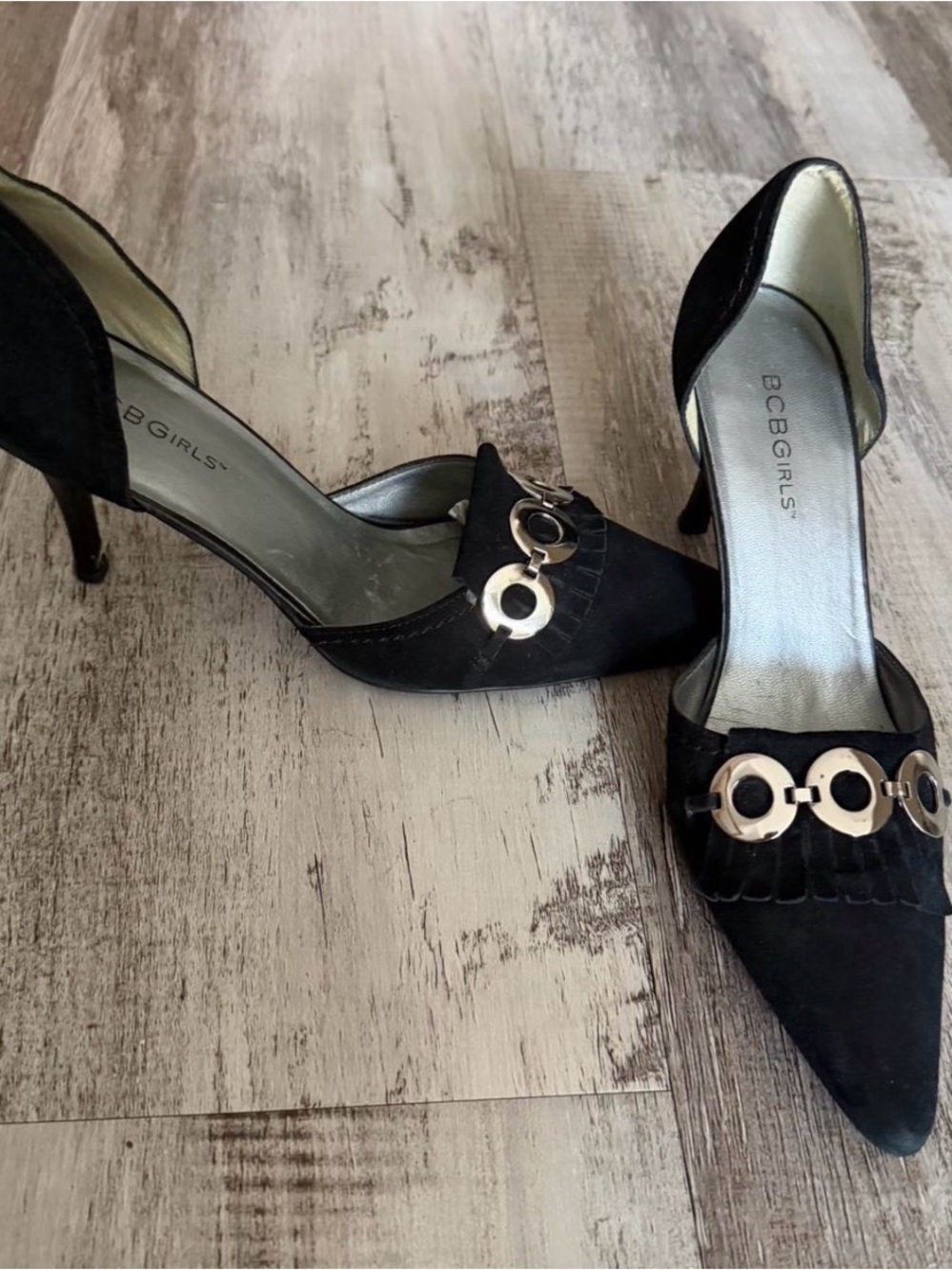 BCBGirls Black Pointed D'Orsay Heels with Silver Circular Accent